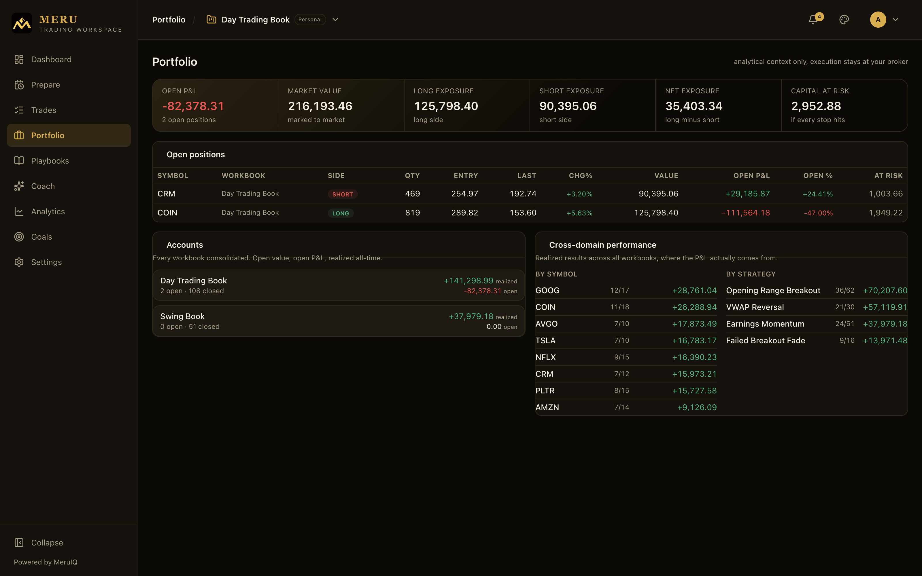 Portfolio page with live positions and totals