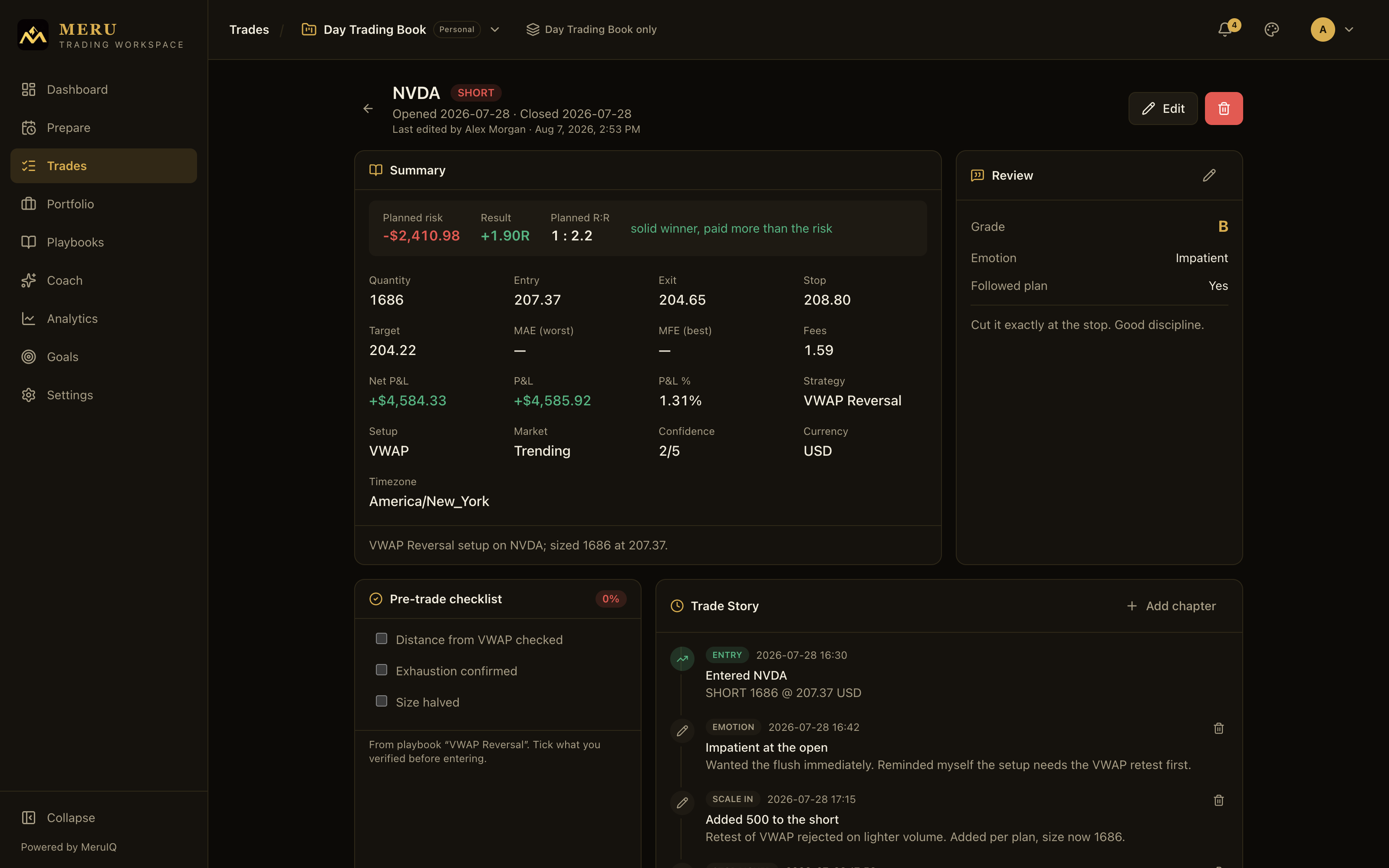 Trade detail with story timeline and review