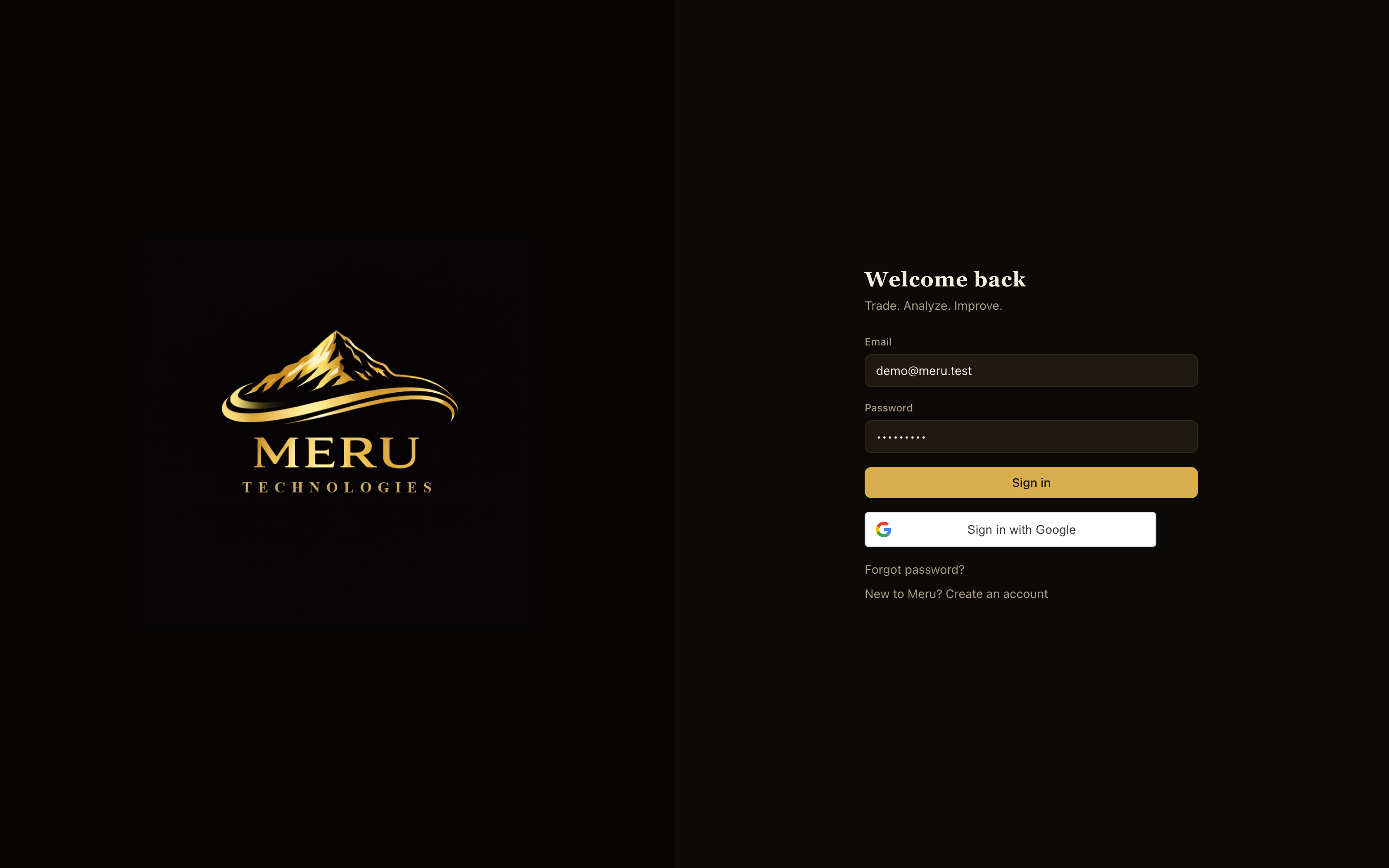 The Meru Trading Workspace sign-in page with Email and Password fields and the Sign in button