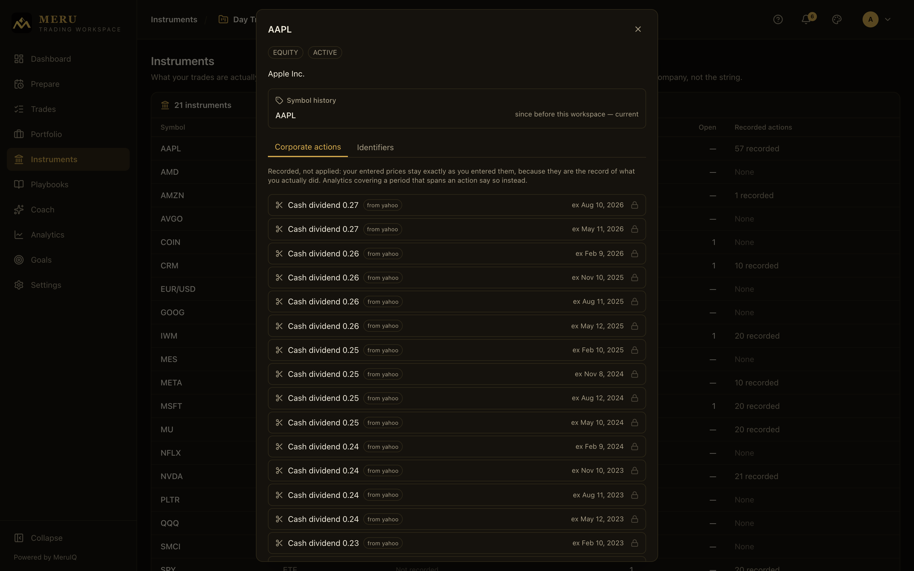 An instrument's detail dialog with its symbol history and the Corporate actions tab listing feed-supplied dividends