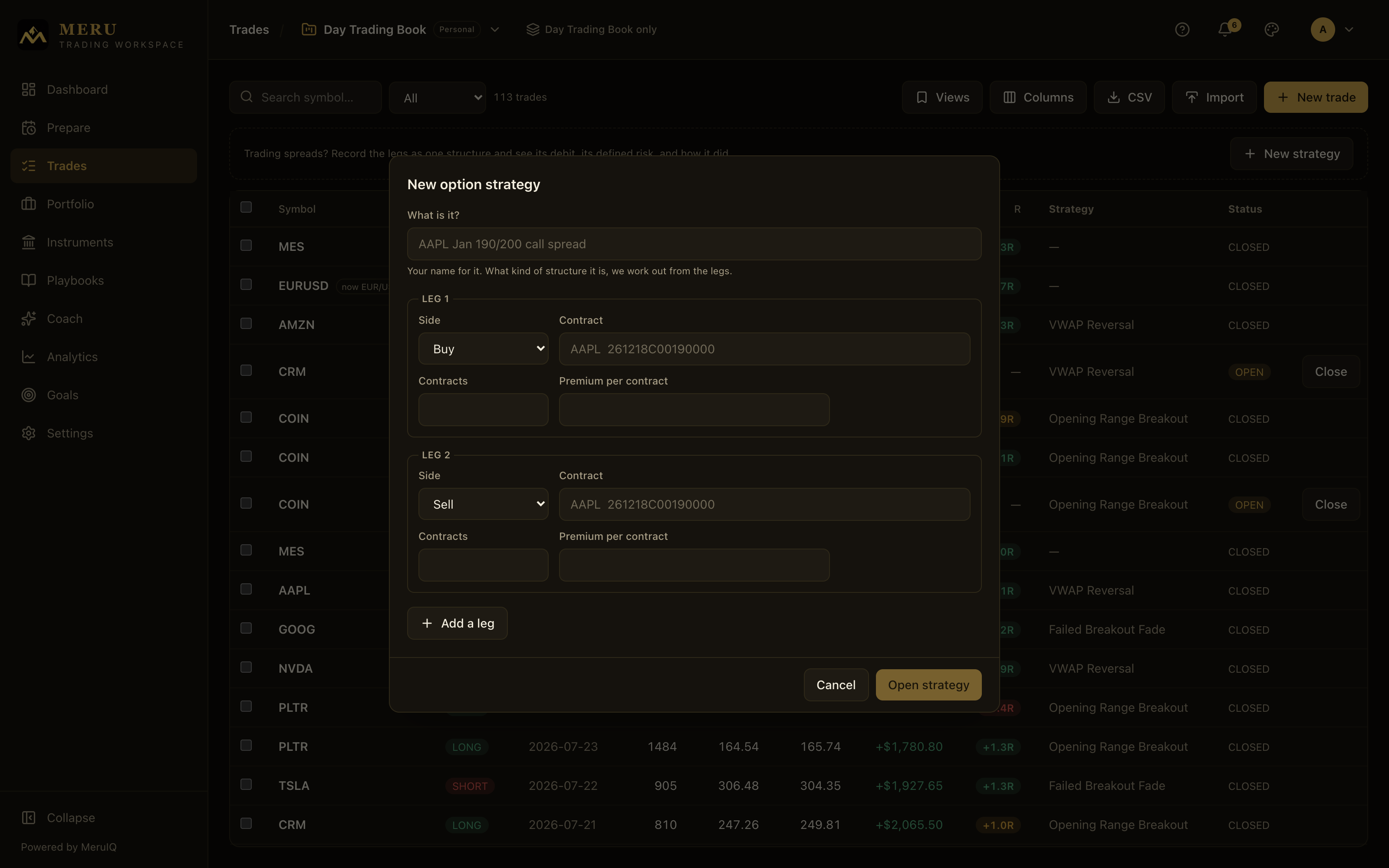 The New option strategy dialog with a name field and two legs, each with side, contract, contracts and premium