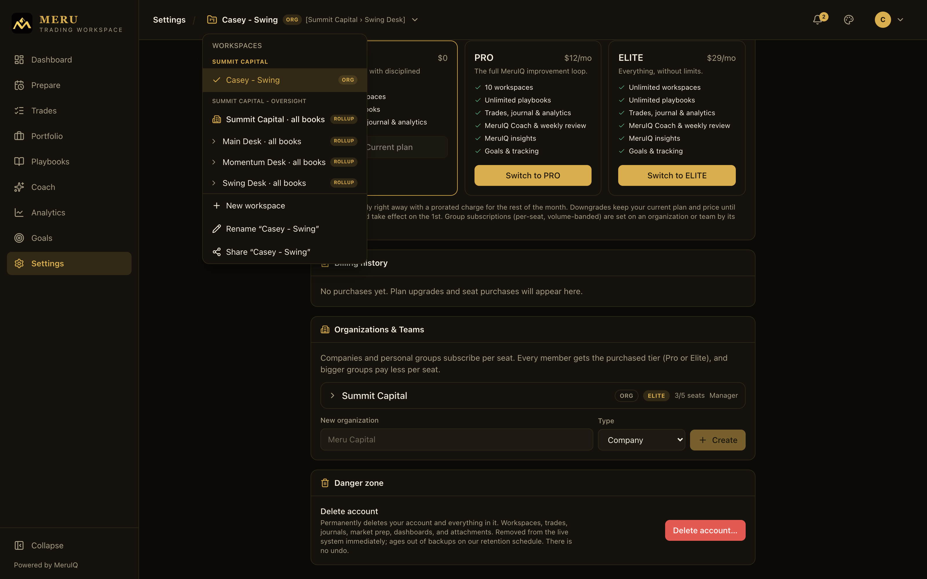 An organization expanded in the Organizations and Teams card, showing plan and seats, members with role dropdowns, and desks