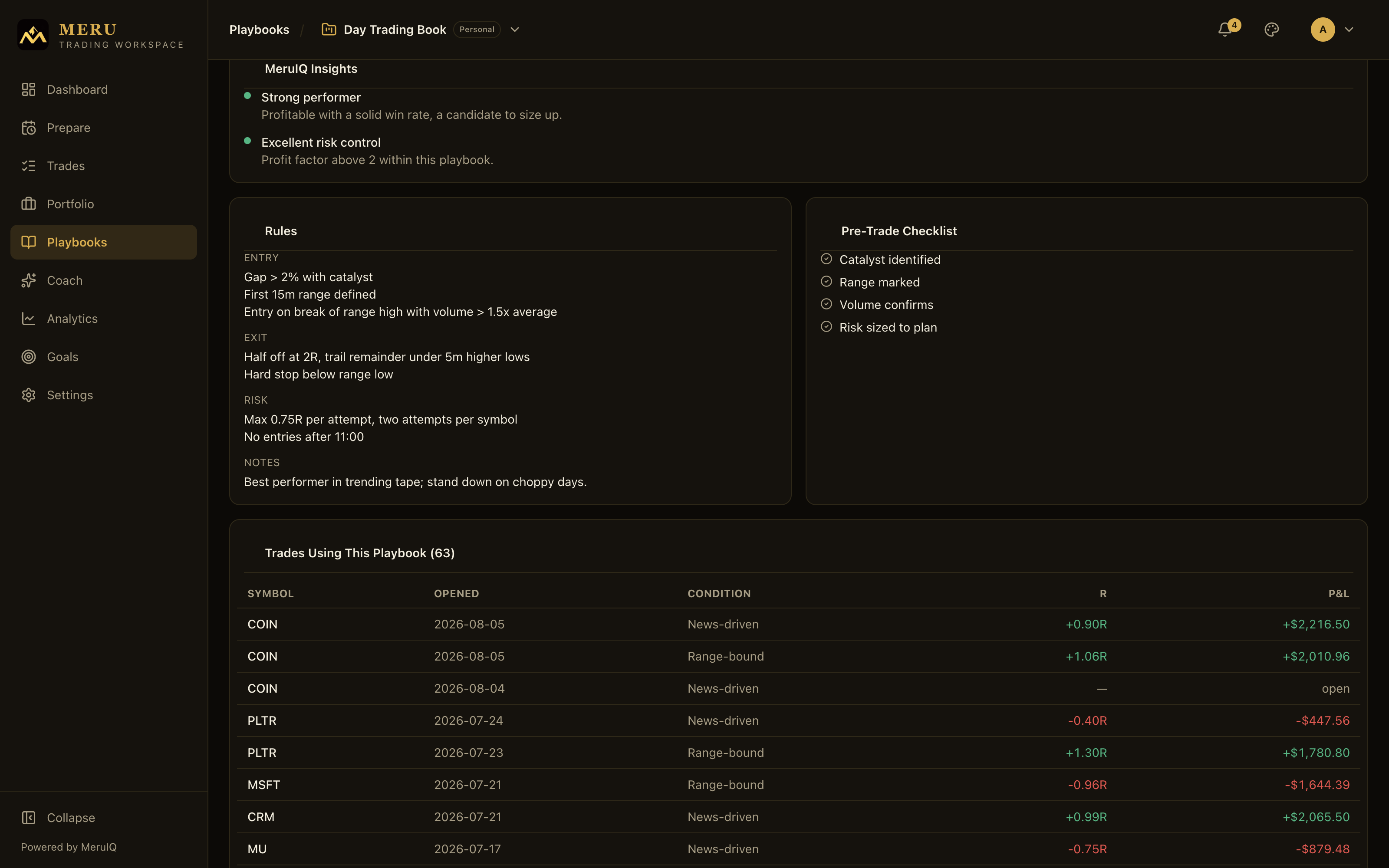 MeruIQ insights for a playbook with severity-colored findings