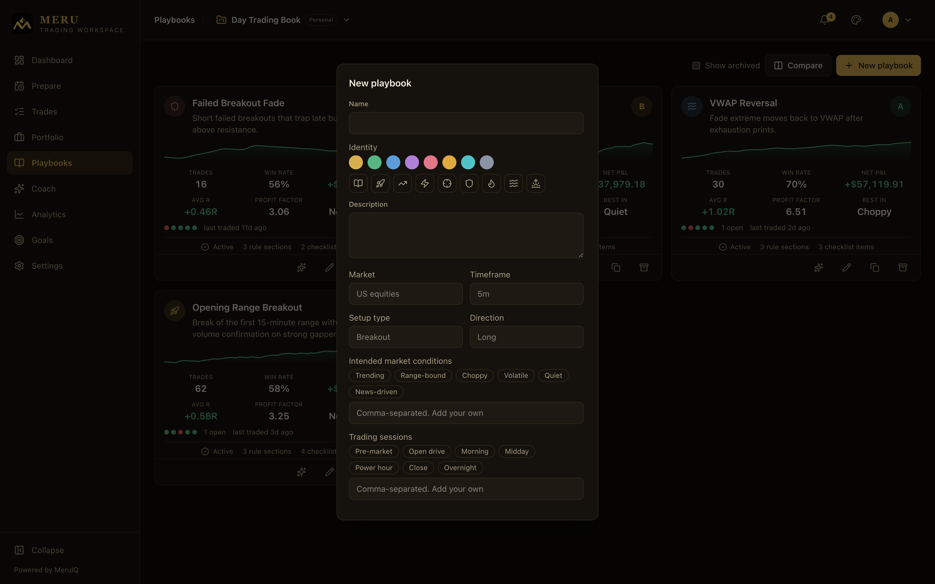 The New playbook dialog with identity, profile, guardrails, rules, and checklist fields