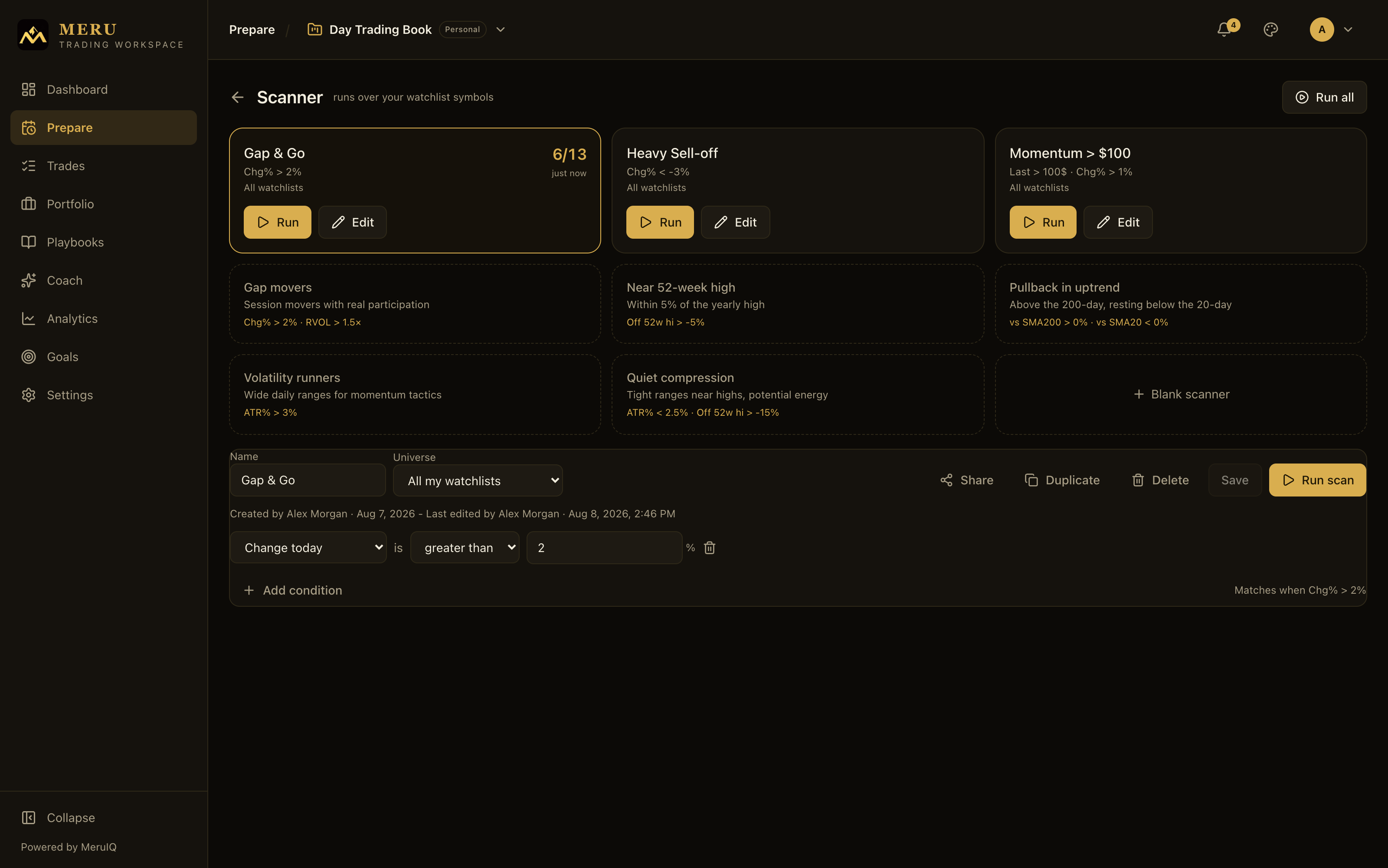 The scanner editor with name, universe and condition rows