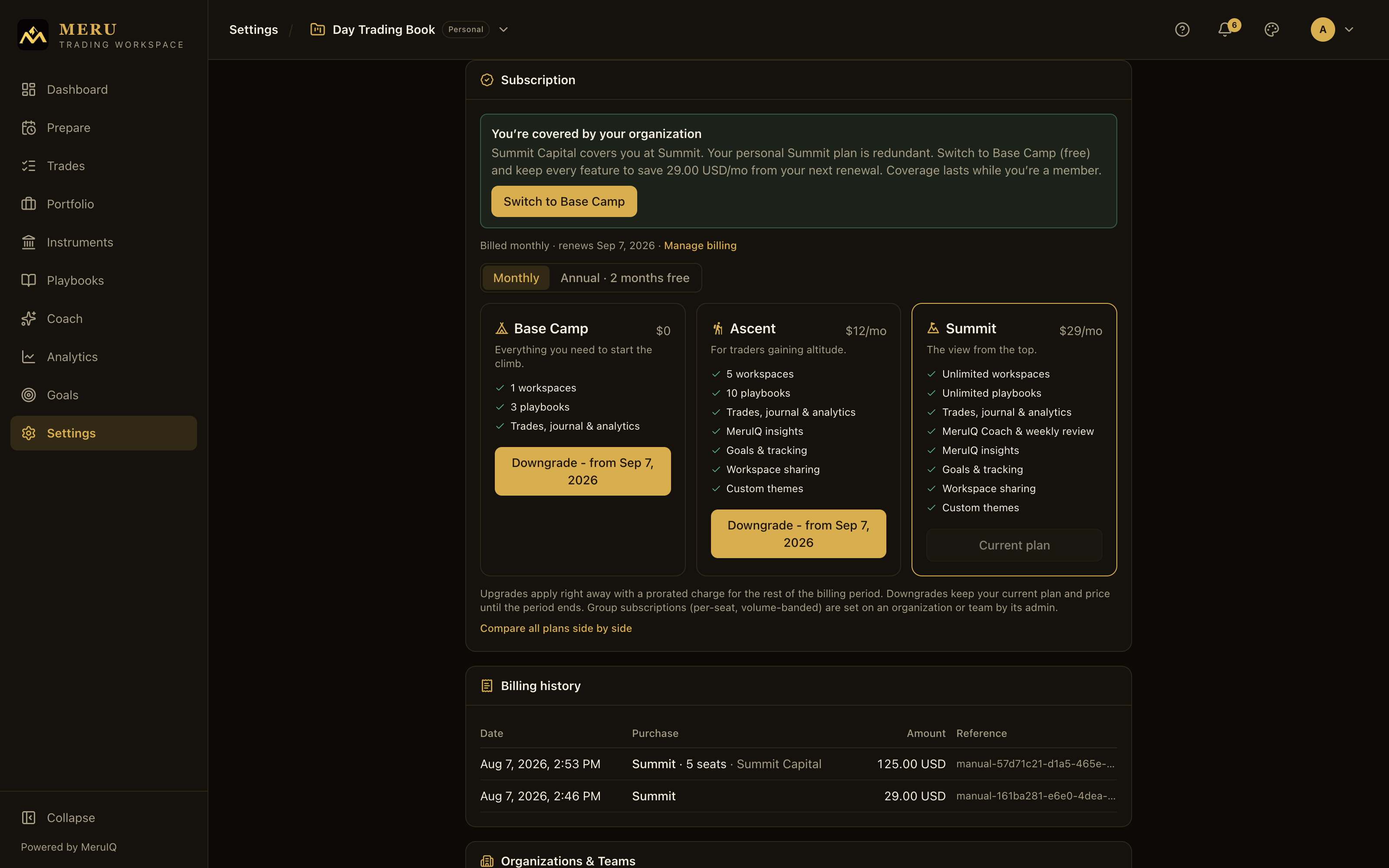 The Subscription card with Base Camp, Ascent, and Summit plans and the billing history table