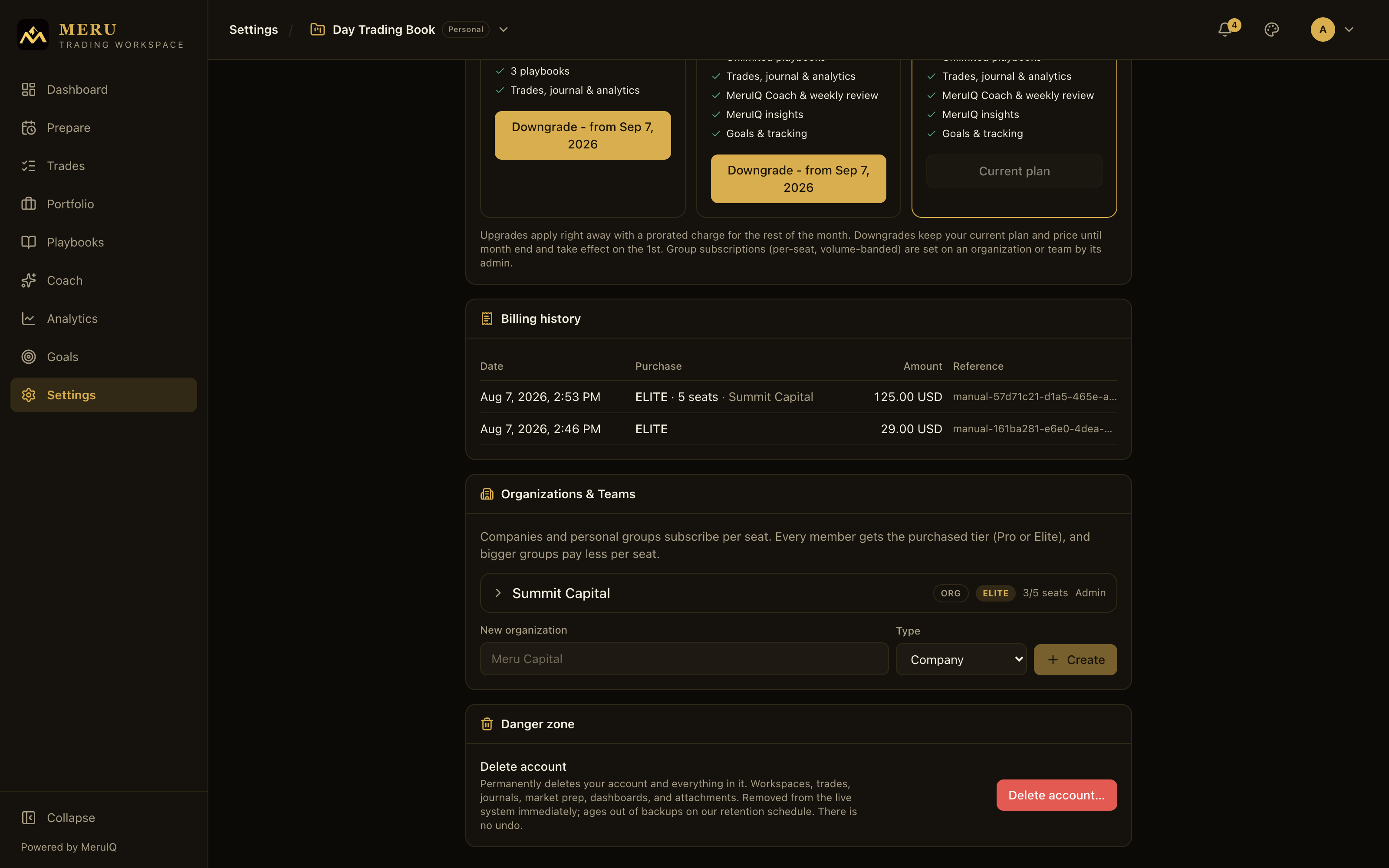 The Danger zone card and the delete account confirmation dialog