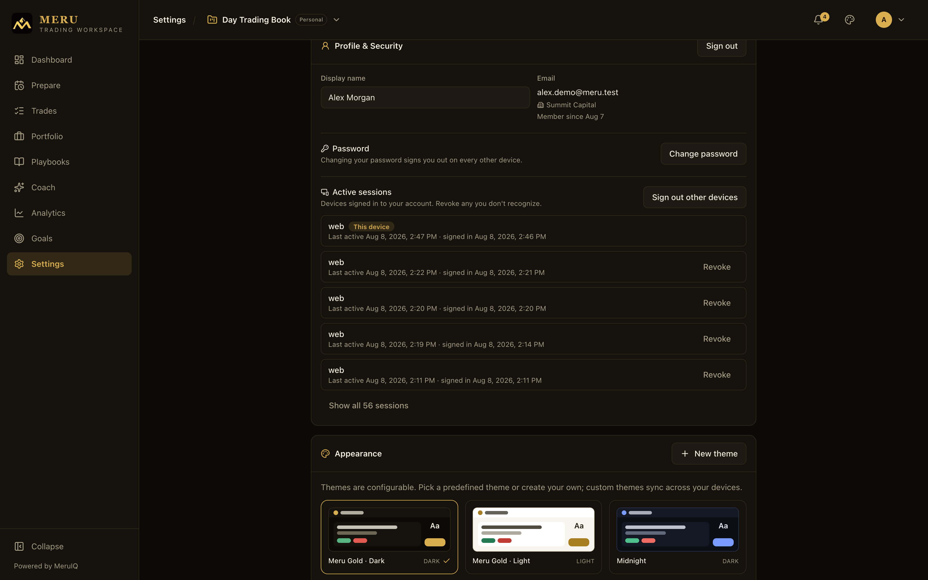 The password and active sessions sections with a list of signed-in devices