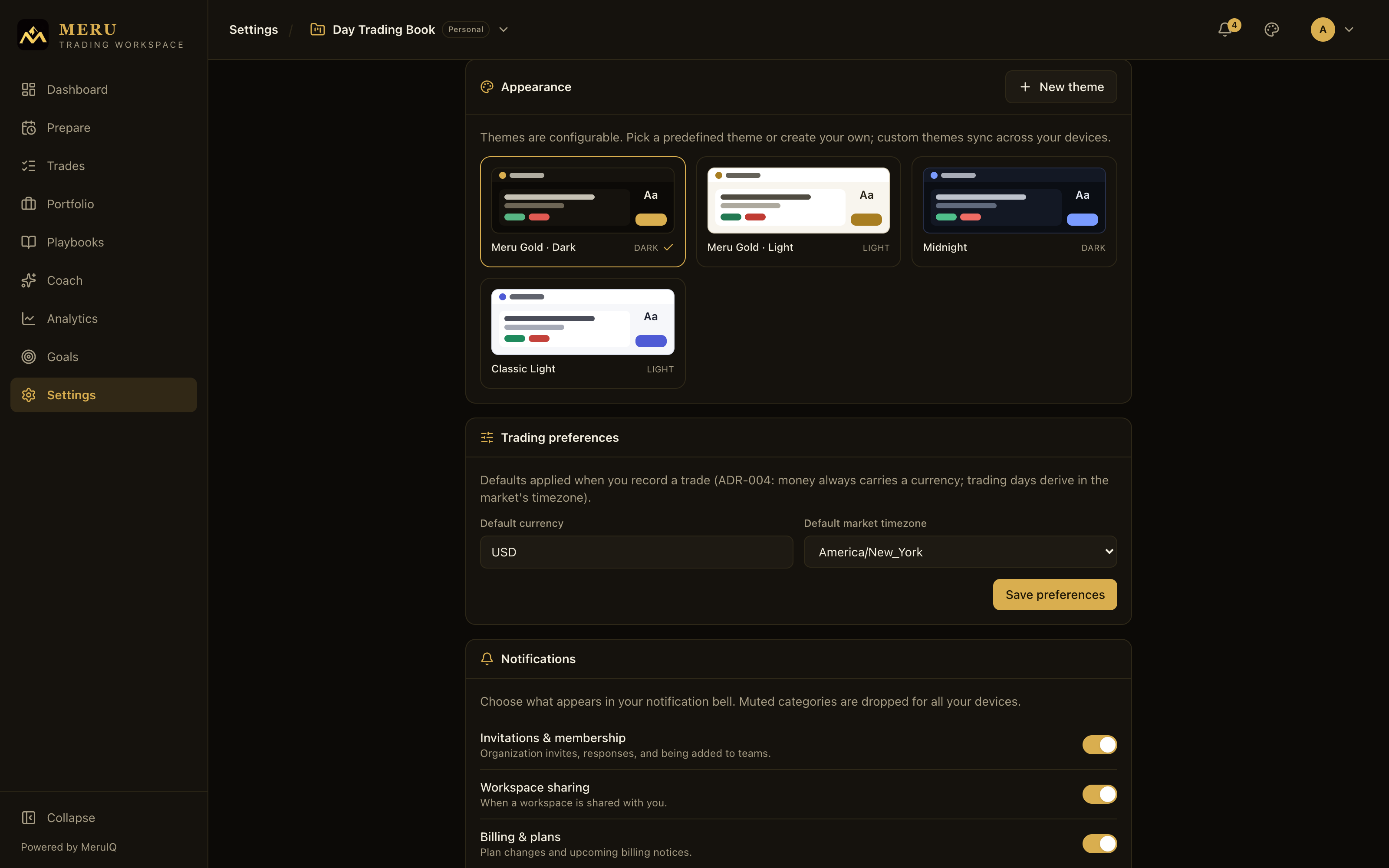 The Appearance card with theme miniatures and the custom theme editor open