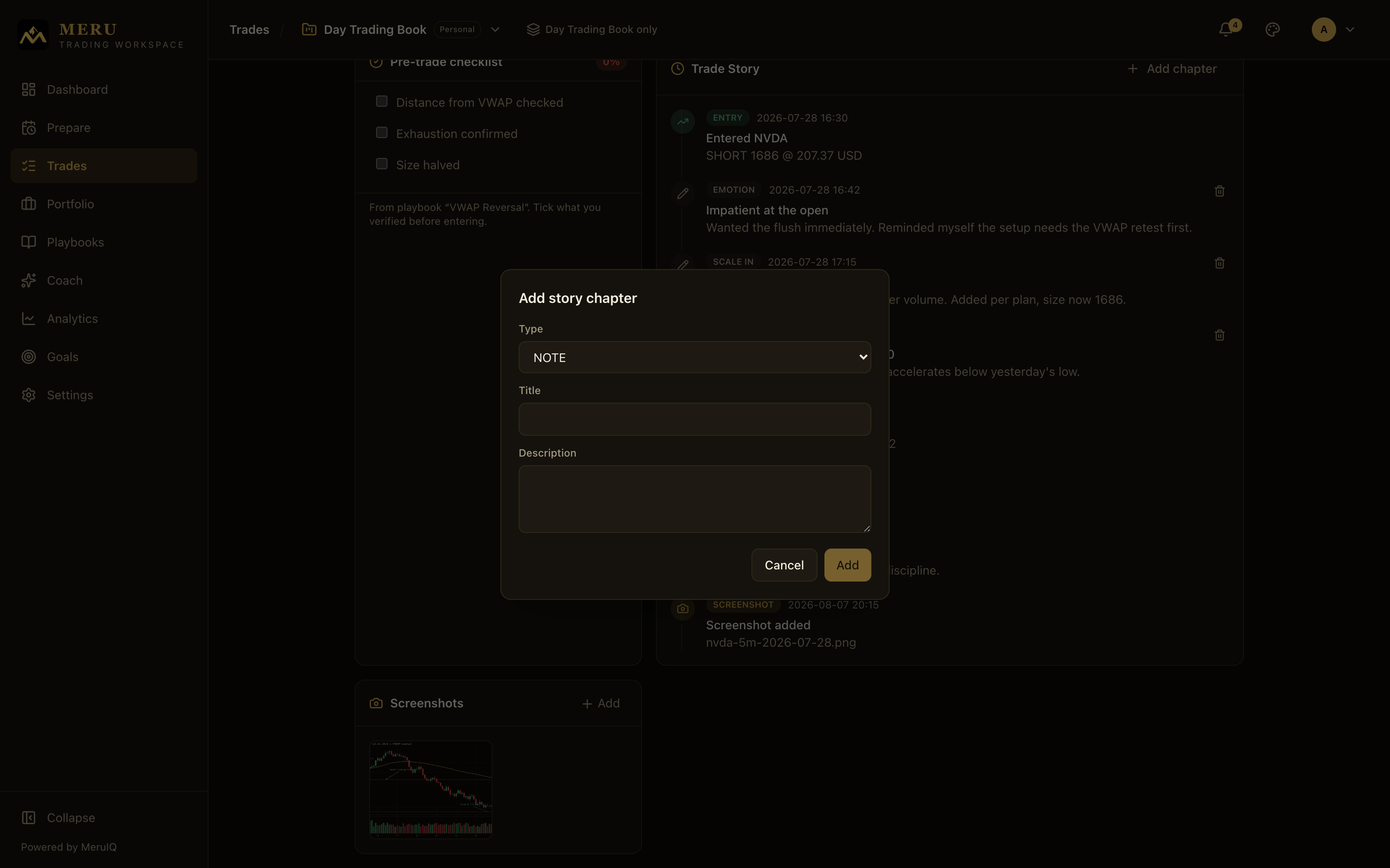 The Add story chapter dialog with a type selector, title, and description