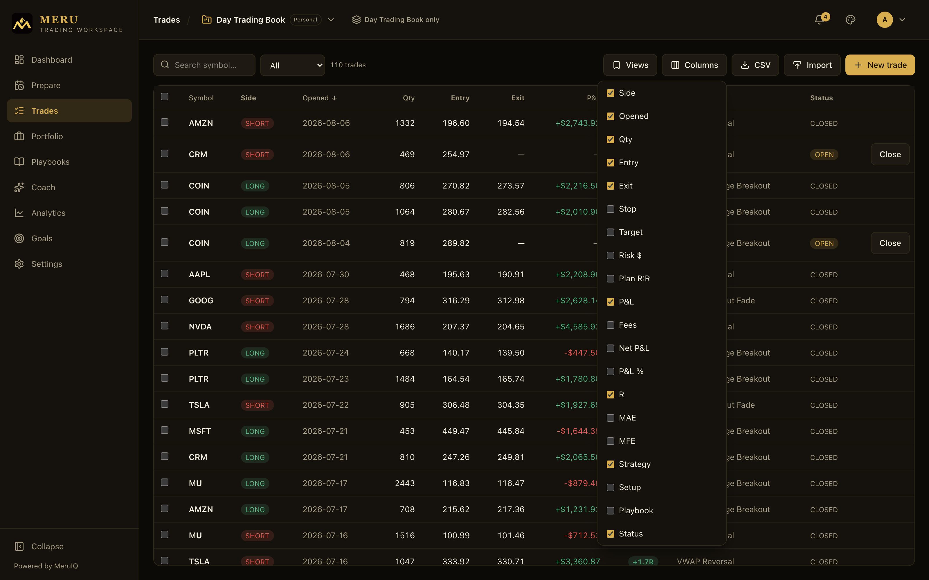 The Columns menu with checkboxes for every available column