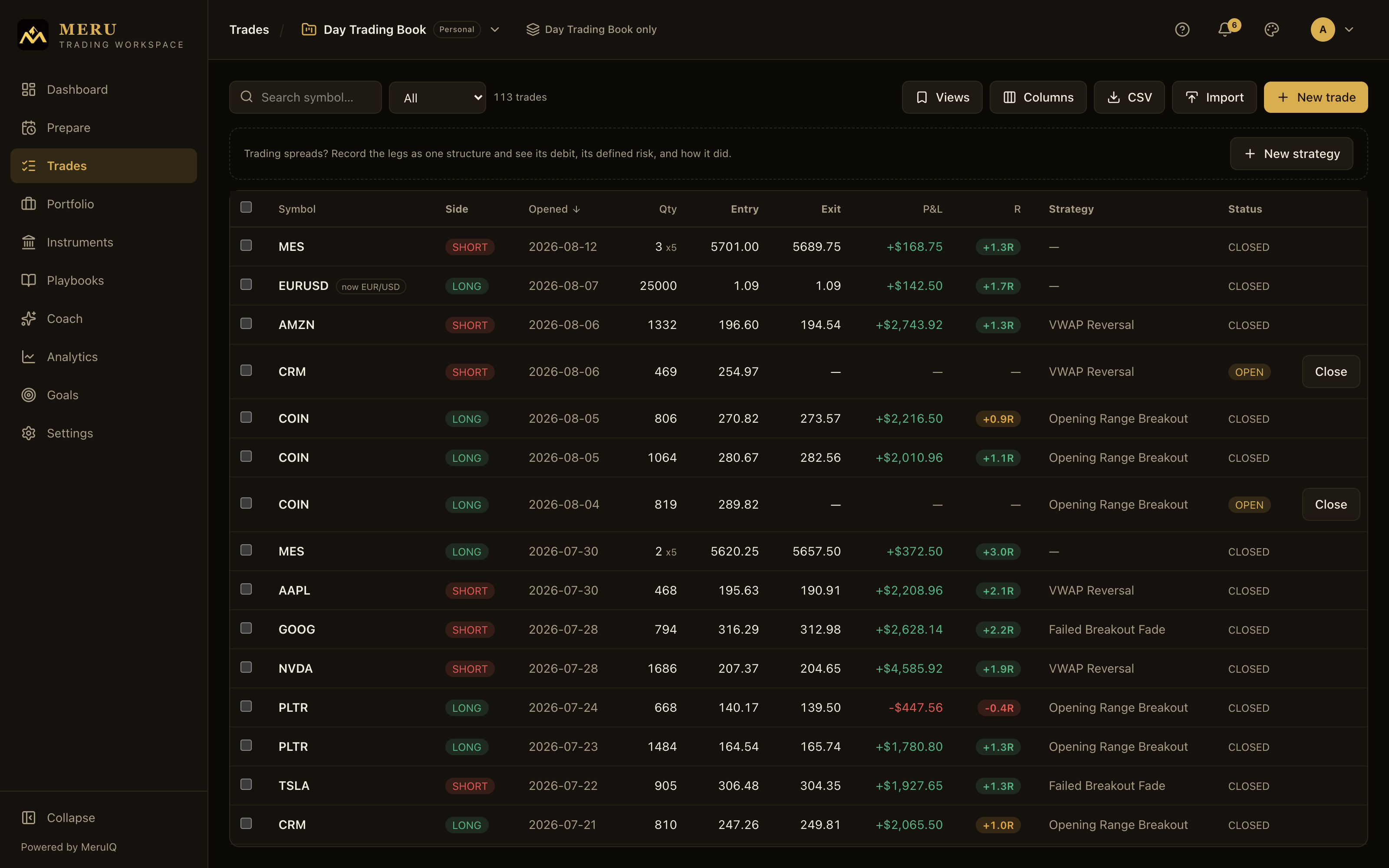 The trade log table with search, filters, and sortable columns