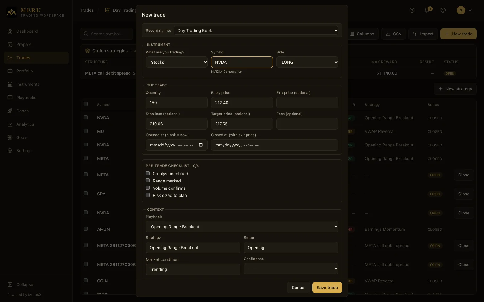 The New trade dialog filled in with the NVDA breakout: 150 shares at 212.40, stop 210.06