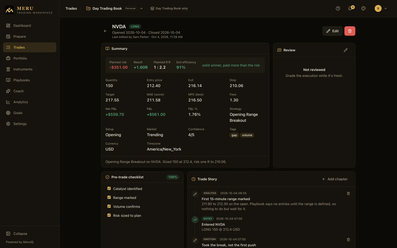 The NVDA trade detail with its summary figures and the Trade Story timeline
